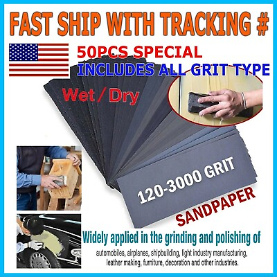 #ad 50 Pcs Sandpaper Sand Paper Sanding Sheets Assorted Auto Wet Dry Wood Car Metal $5.95