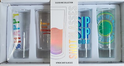 #ad LARGE Set Of 4 Double Shot Glasses 4quot; Tall New In Box FUN QUOTES