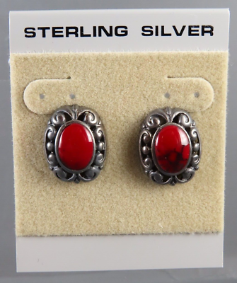 #ad New STERLING SILVER STUD EARRINGS Black Red Jasper Stone SCROLL FRAME Gothic