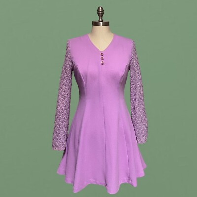 #ad Vintage Mod Mini Dress Purple Lace Long Sleeves Medium 1960s Short Flared Skirt