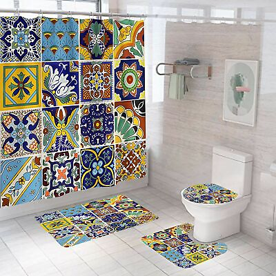 #ad Bohemian Seamless Art Shower Curtain Set Non Slip Bathroom Mat Toilet Lid Cover