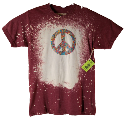 #ad Cosmic Hippie Mens Shirt Med Paisley Peace Sign Burgundy Crew Neck Short Sleeve