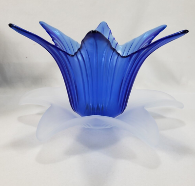 #ad Studio Nova Italy Art Glass Candle Holder Blue Holder Frosted Base Flower Design
