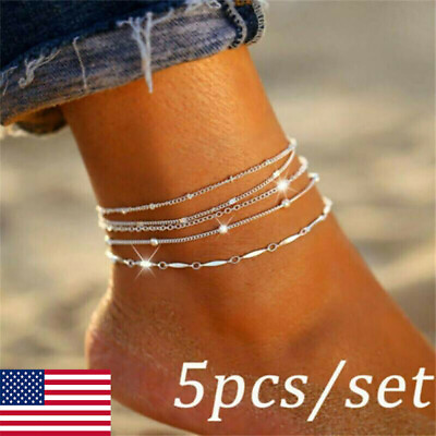 #ad 5Pcs 925 Silver Ankle Bracelet Foot Chain Women Beach Anklet Jewelry Gift USA