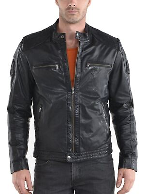#ad New Leather Jacket Mens Biker Motorcycle Real Leather Coat Slim Fit Black #1264