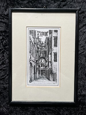 #ad Vintage Etching Print. Woman in an Alley with Flags. Switzerland? Black amp; White