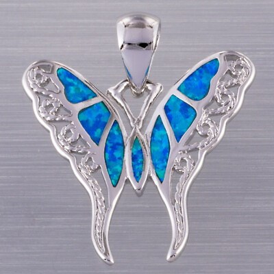 #ad Hollow Butterfly Ocean Blue Fire Opal Silver Jewelry Necklace Pendant