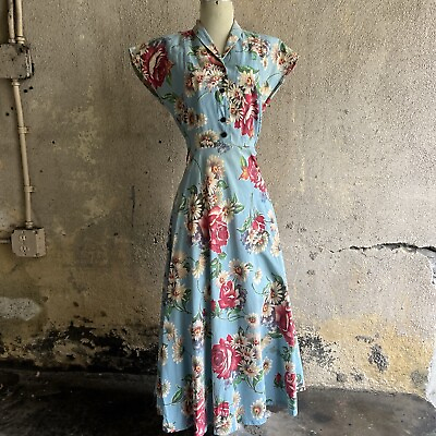 #ad Vintage 1930s Blue Cotton Floral Print Dress Daisies Roses Mode O Day