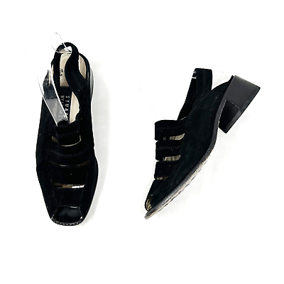 #ad Stuart Weitzman Sz 8.5 VTG 90s Black Suede Strappy Sling Back Block Heel Sandals