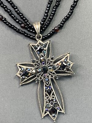 #ad Vintage Necklace Black aurora borealis Rhinestone cross Beaded Bohemian 16”