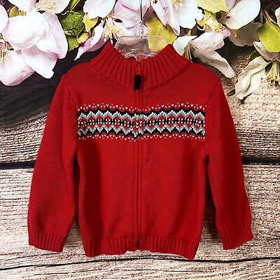 #ad Carter’s Toddler Boys Cotton Red Fair Isle Zip Up Knit Cardigan Sweater