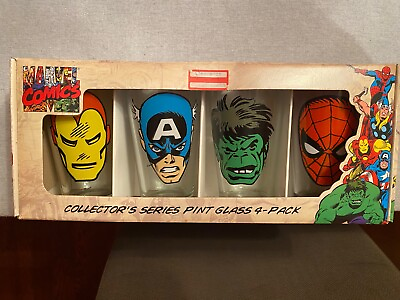 #ad Spider man Iron Man Hulk Captain America Marvel Comics Pint Glasses Faces Set