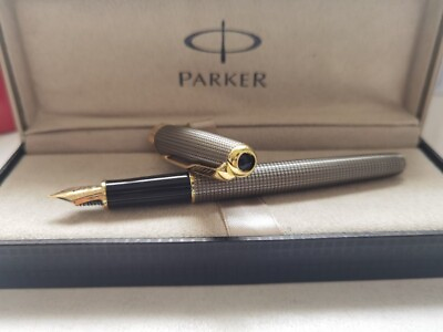 #ad Excellent Parker Sonnet Fountain Pen Grey Grid Gold Clip Medium Nib Gift Box