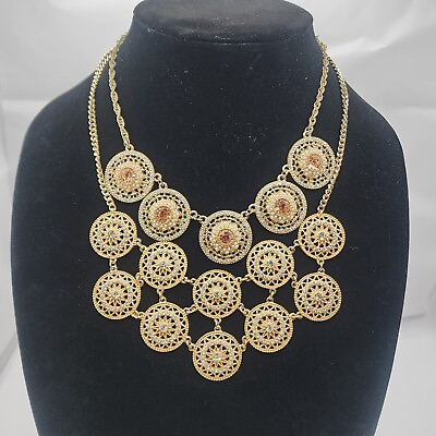 #ad 2 Necklace Set Layered Gold Tone Mandela Rose Gold Rhinestone Pearl Stunning