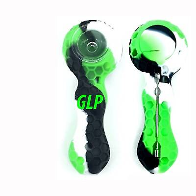 #ad Unbreakable Silicone Tobacco Smoking Pipe w Glass Bowl BLACK Green amp; WHITE