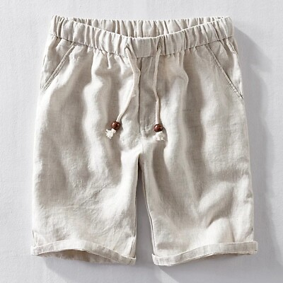 #ad %100Linen Shorts Men Elastic Waist Shorts Casual Slim Short Daily Pants