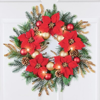 #ad NEW CHRISTMAS LIGHTED DOOR 5 POINSETTIA PINE WREATH 21quot;. Gold Green Red