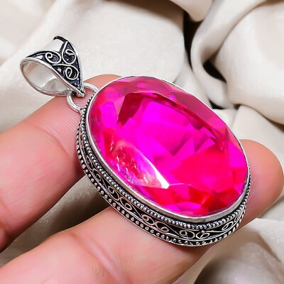 #ad Pink Fire Topaz 925 Sterling Silver Love Gift Family Handmad Jewelry Pendant 5.5