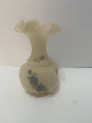#ad Vintage Fenton Custard Satin Hand Painted Blue Flowers Vase Signed By Laura Long