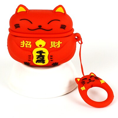 #ad Red Lucky Cat Maneki Neko Cute 3D Cartoon Silicone AirPods Pro Case