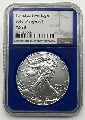 #ad 2023 W Burnished $1 American Silver Eagle NGC MS70 Brown Label Blue Core