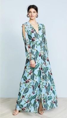 #ad $750 NICHOLAS Silk Blue Mayflower Floral Long Sleeves Wrap Maxi Dress Size 0