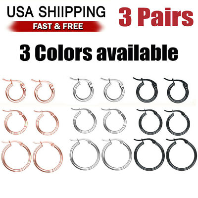 #ad 3 Pairs Silver Stainless Steel Small Huggie Hoop Earrings for Women Girl Set