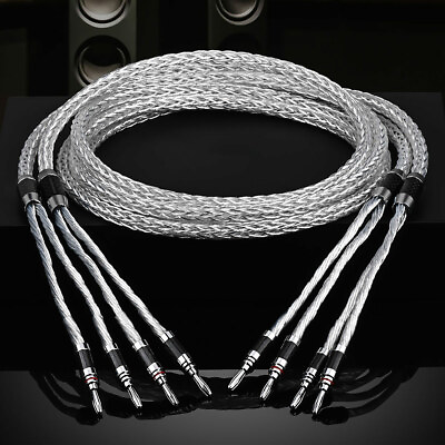 #ad 8 Awg HiFi Speaker Wire Cable Silver Plate 8N OCC Carbon Fiber Banana Spade Cord