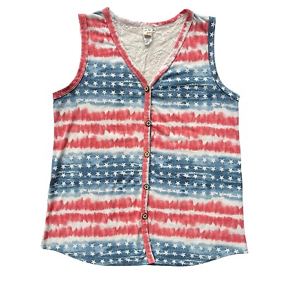 #ad 7th Ray Womens Sz Large Red White Blue Stars Stripes Lace Back Button Front Tank