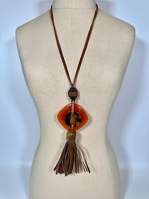 #ad Chicos Orange amp; Brown Acrylic Tortoise Pendant Leather Tassel Gold Tone Necklace