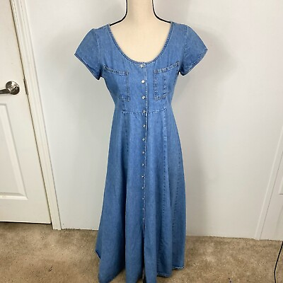 #ad Vintage Women’s Denim Jean Cap Sleeve Pearl Snap Midi Dress Sz XS $31.16