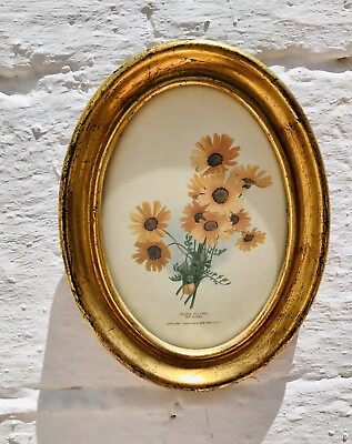 #ad Small Antique Giltwood Gold Frame Water color Yellow Flowers Sunflowers Print