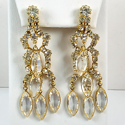 #ad Vintage JULIANA Benzel Set Crystal Rhinestone Gold Tone Dangle Clip Earrings
