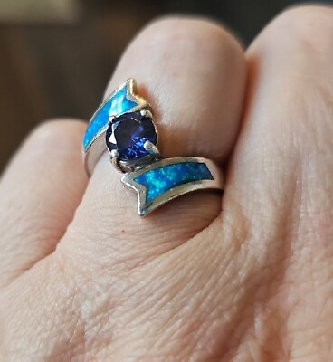 #ad Blue Purplish Stone amp; Blue Fire Opal Inlay 925 Sterling Silver Ring size 6.5