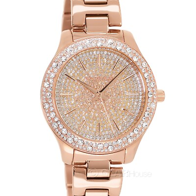 #ad Michael Kors Liliane Womens Glitz Watch Pave Crystals Dial Rose Gold Band