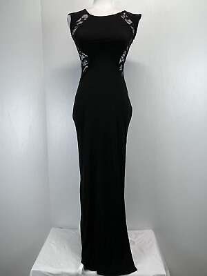 #ad Boohoo Sexy Long Black Dress Sz 6 GUC Slit Lace Mesh Inserts Back Stretch