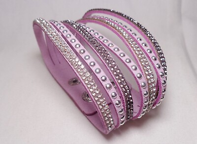 #ad Purple Light Pink Multi Layers Faux Leather amp; Rhinestone Bracelet Snaps Cuff
