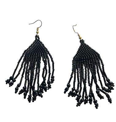 #ad Fashion Seed Bead Earrings long dangling strands black