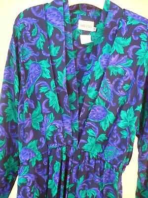 #ad VTG 80S 90S M LESLIE FAY PURPLE DRESS FLORAL GREEN LEAF PLEAT DRAPE SCROLL WOMEN