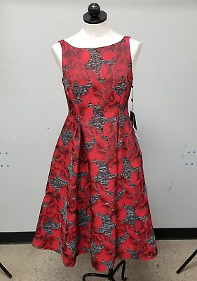 #ad NWT Adrianna Papell Red Black Floral Pattern Retro Dress Women#x27;s Sz 6P Petite^