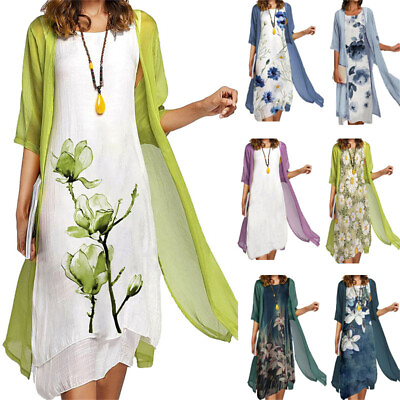 #ad Women#x27;s Dress 2 Piece Outfit Floral Sleeveless Midi Summer Dresses with Jacket