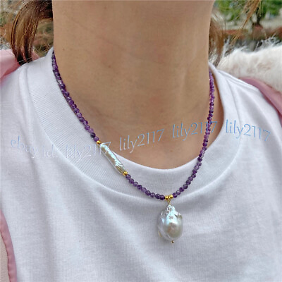 #ad Faceted 3mm Natural Amethyst Round Beads White Baroque Pearl Pendant Necklace