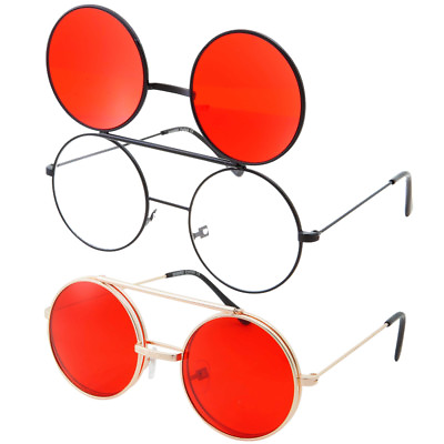 #ad Steampunk Red Lens Dwayne Wayne Glasses Round Flip Up Sunglasses Black Frame 90s