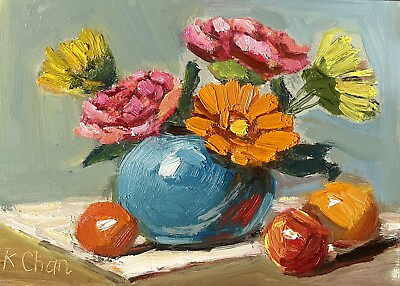#ad Original Still Life Oil Painting A Burst of Posy Colors 5” X 7” By Karen Chan