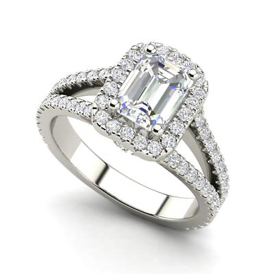 #ad Pave Halo 1.4 Carat VVS2 F Emerald Cut Diamond Engagement Ring Treated