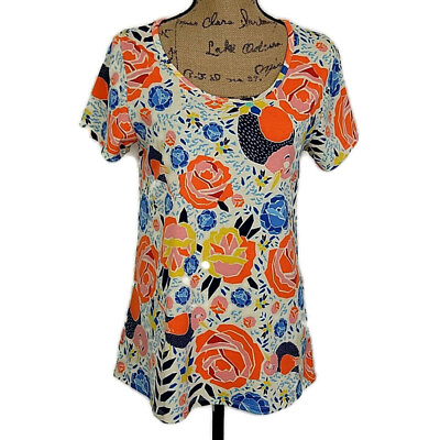 #ad LulaRoe Womens sz S Classic T Shirt Orange Floral Scoop Neck Short Sleeve