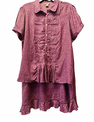 #ad April Cornell Women Large 2 Piece Skirt and Top Set Purple Printed Button Front