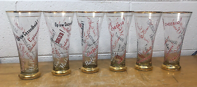 #ad 6 vintage Gold Trimmed Pilsner Beer Glasses international world toasts Prost