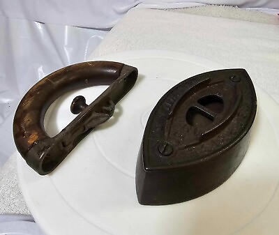 #ad Antique Vtg Cast Iron Insert Removable Wood handle primitive