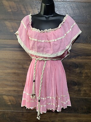 #ad Marquis Layered Pink Rope Bead Belted Boho Size Large Short Off Shoulder Dress